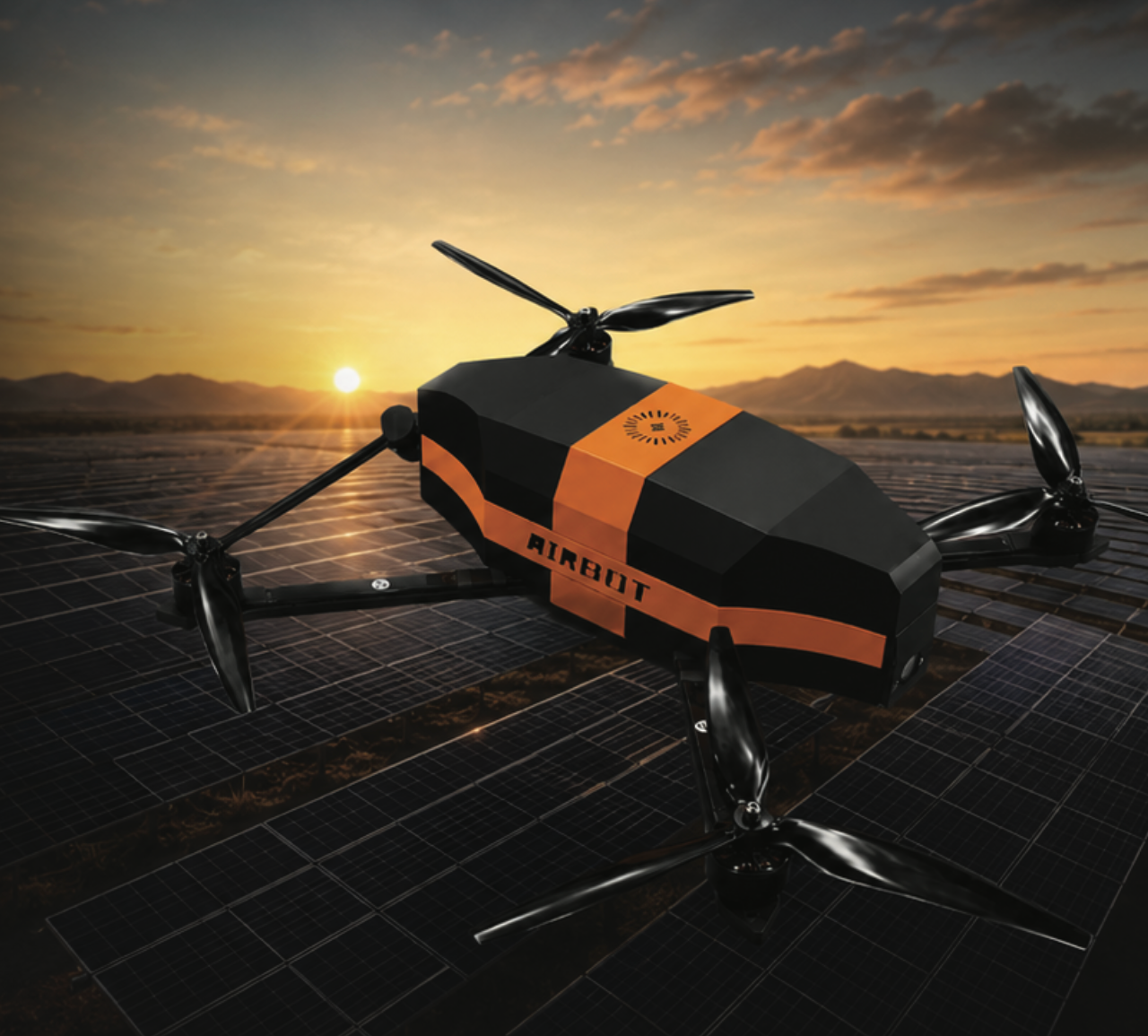 AIRBOT autonomous inspection drone hovering over a utility-scale solar installation at sunset