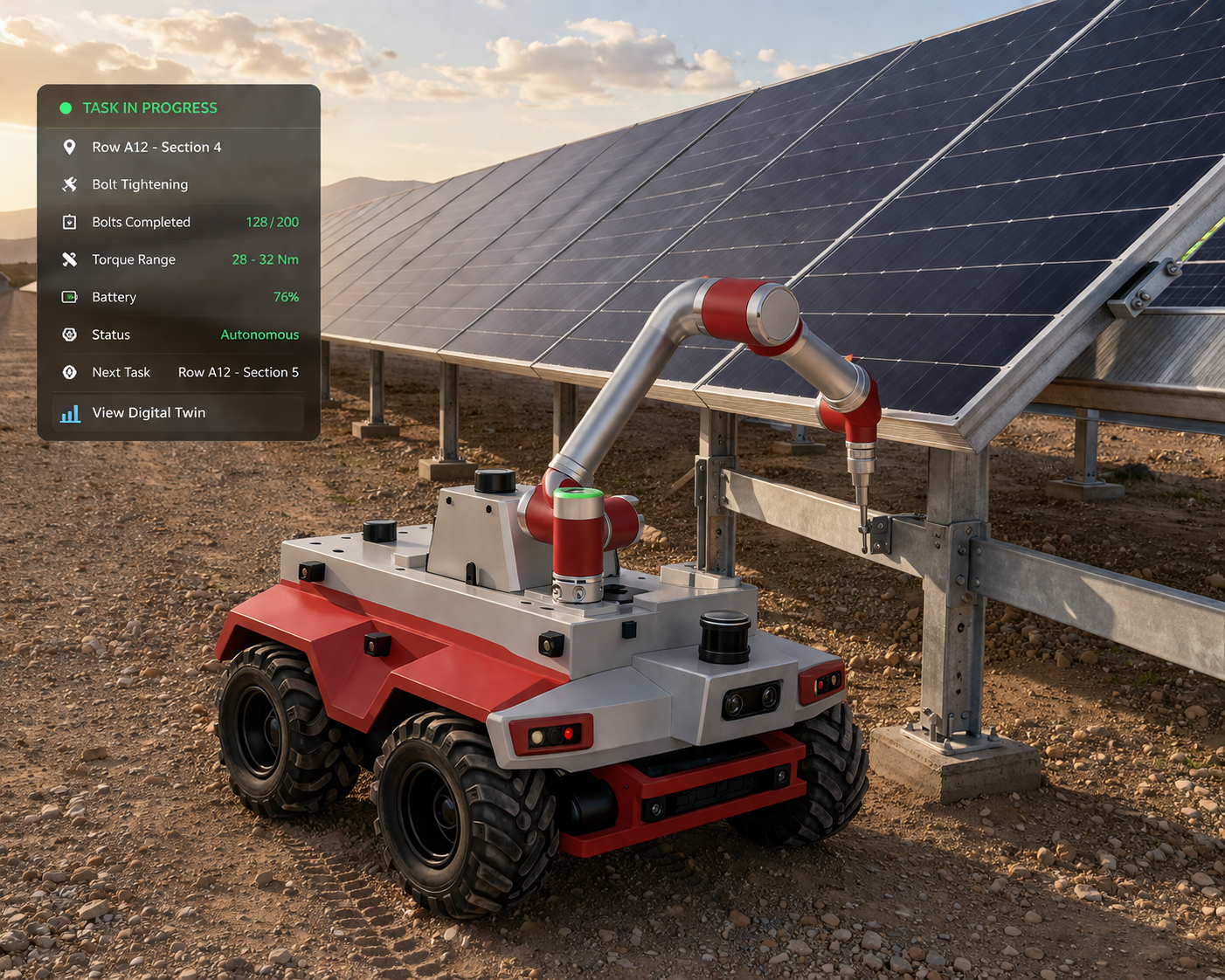 ARMBOT tightening structural bolts on a solar racking system — autonomous arm at work in the field with live task dashboard