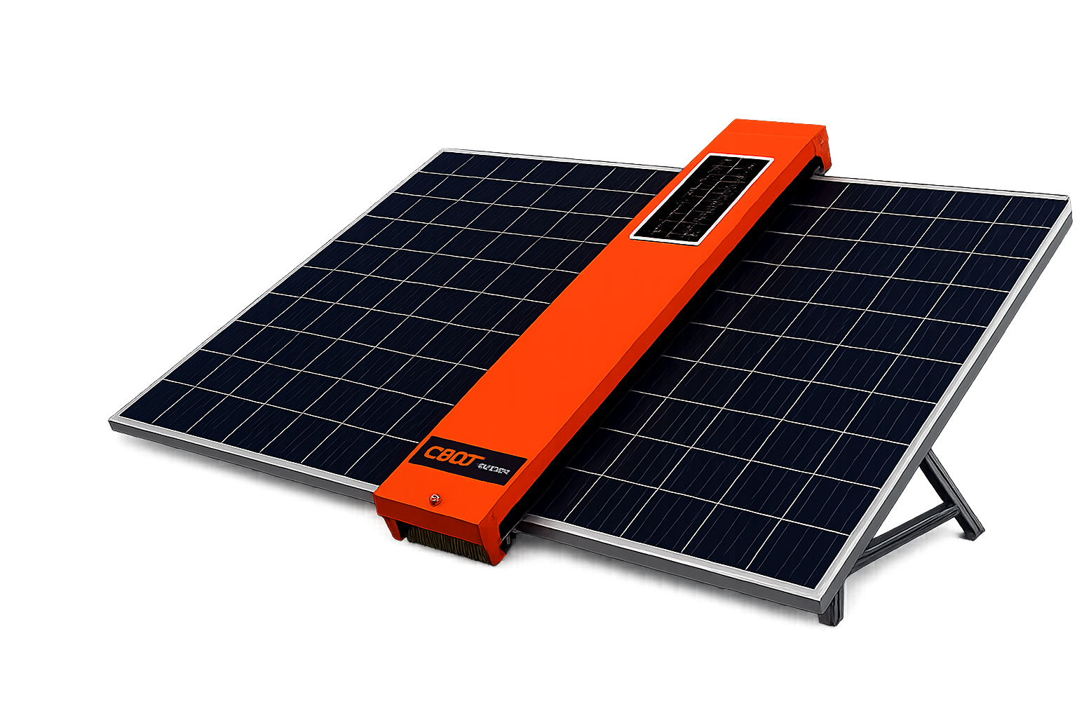 CBOT autonomous solar cleaning robot — orange brush-bar unit with integrated solar panel cleaning a photovoltaic array