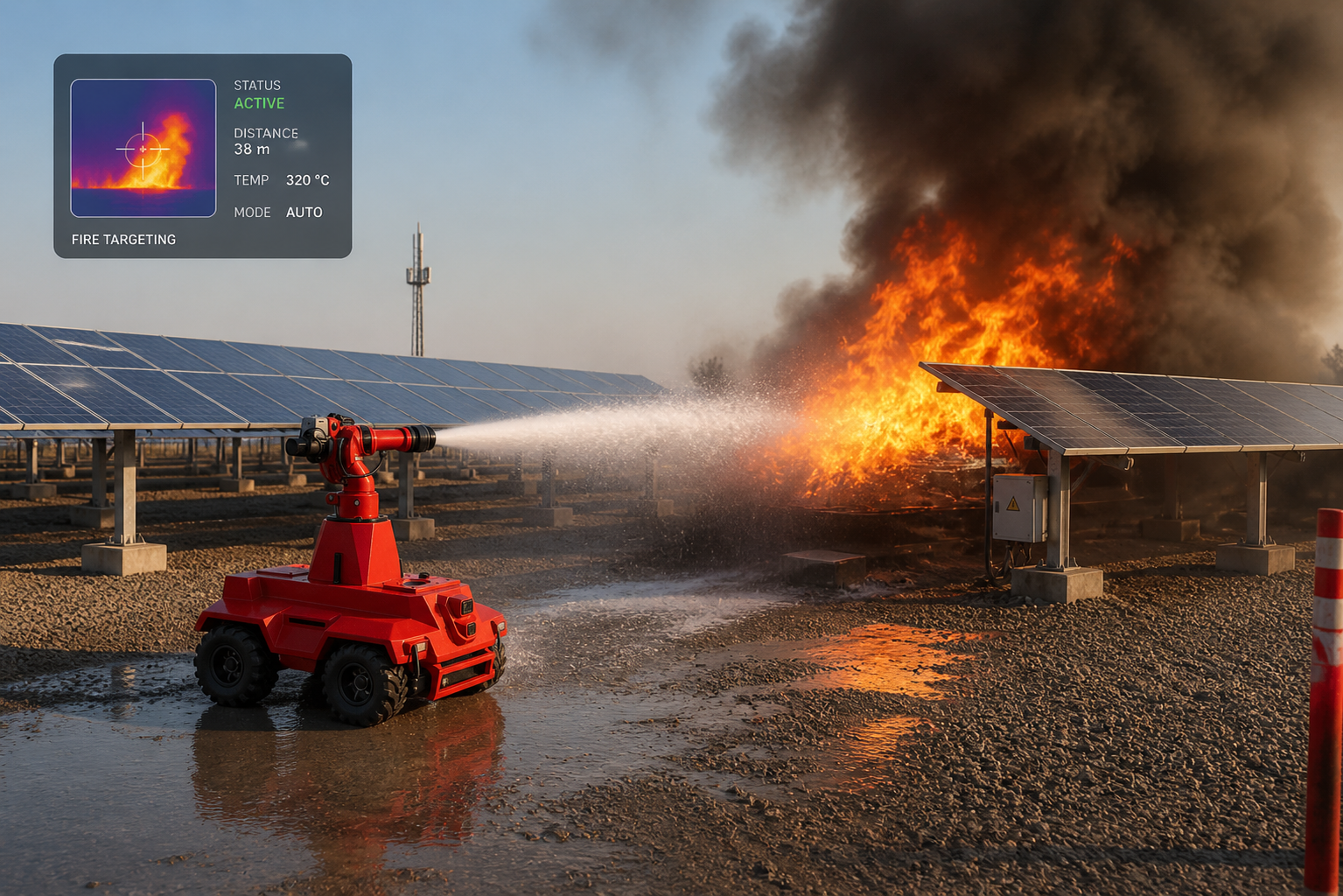 FIREBOT suppressing fire at solar farm — in-field action