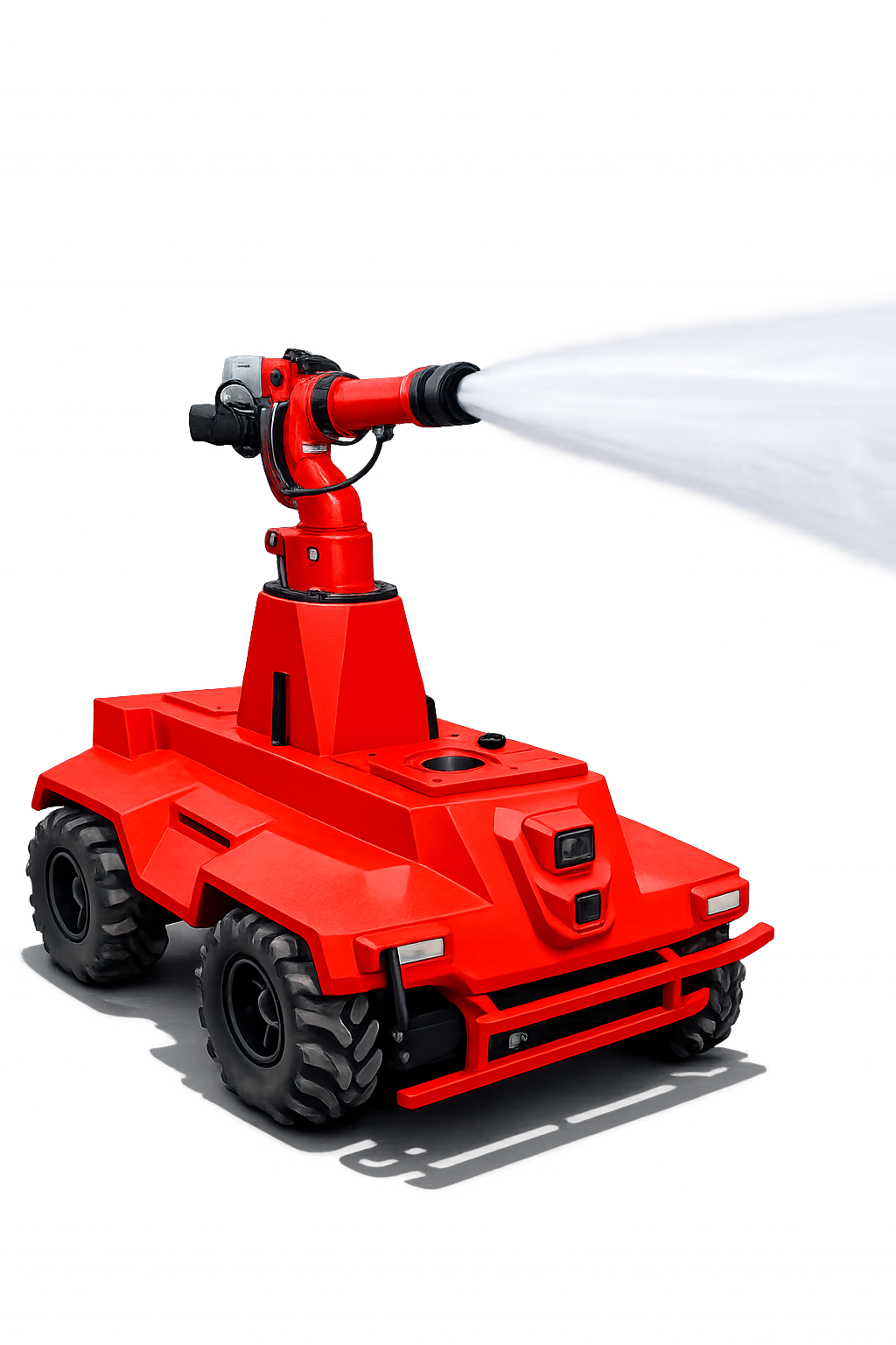 FIREBOT autonomous firefighting UGV — rotating water cannon turret on an all-terrain wheeled platform
