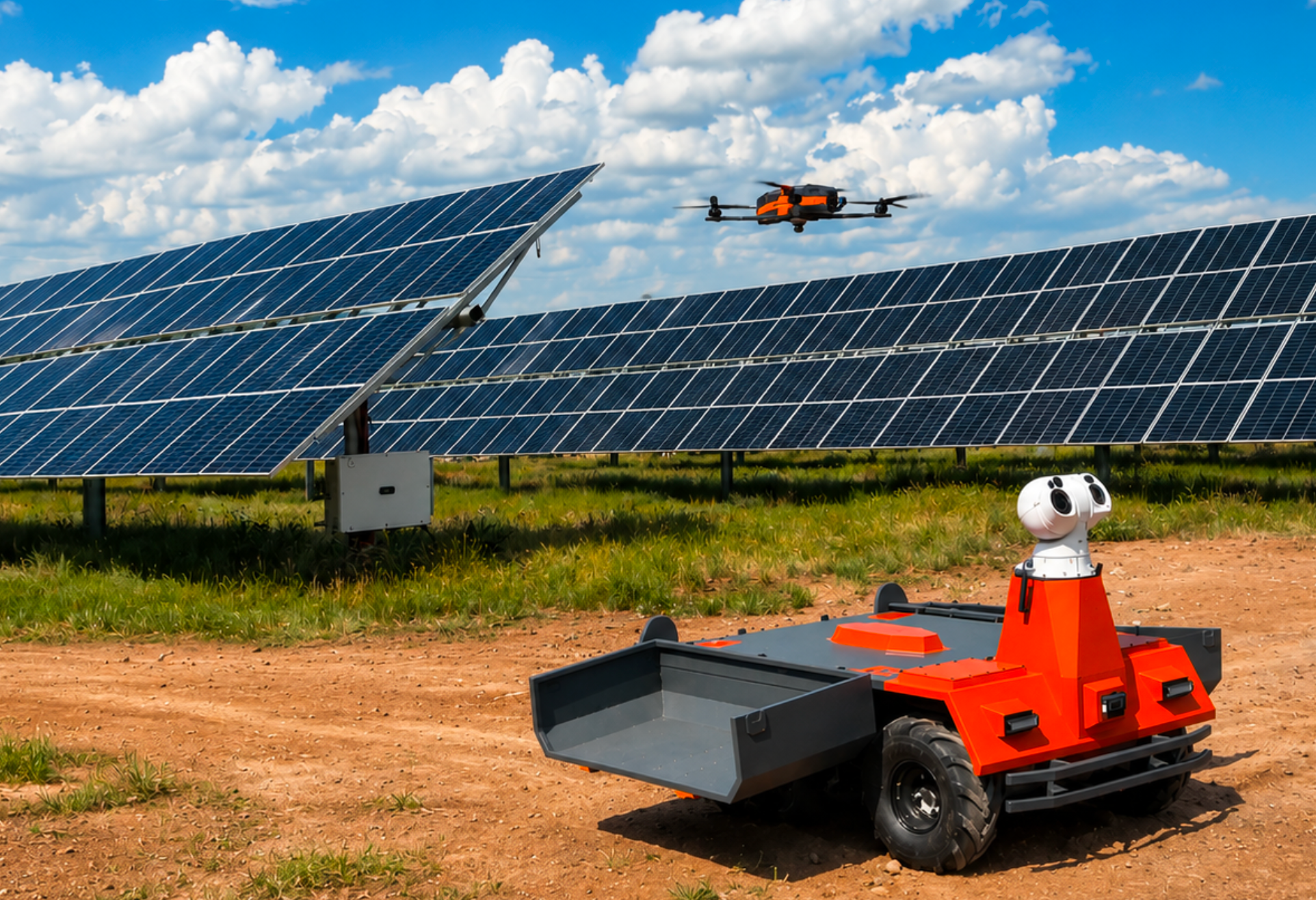 RAPTOR dual-domain solar inspection in the field — UGV with sensor turret on a solar farm access road and AIRBOT drone surveying the panel array above