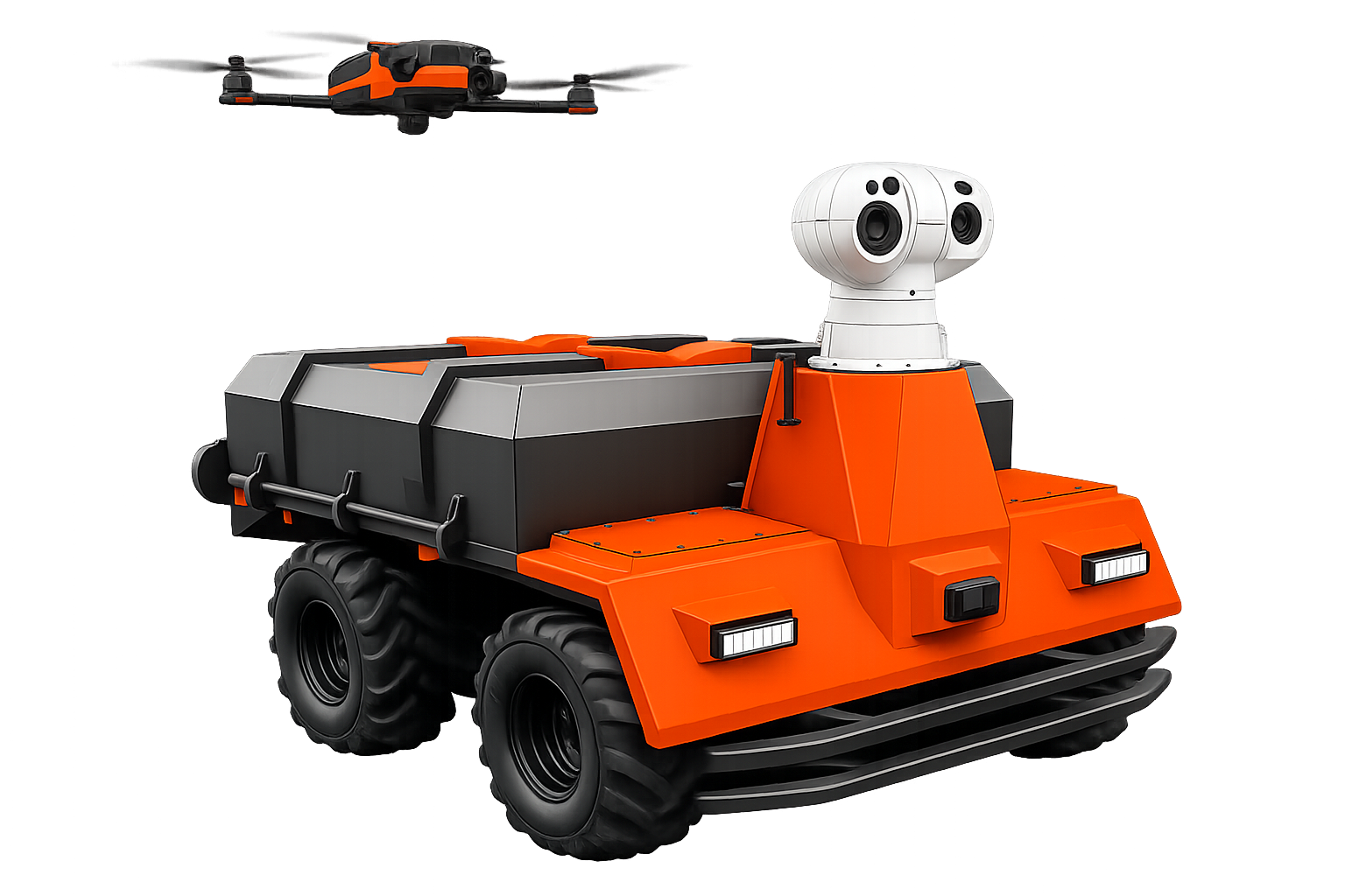 RAPTOR dual-domain solar inspection UGV — all-terrain wheeled platform with sensor turret and AIRBOT drone in flight above