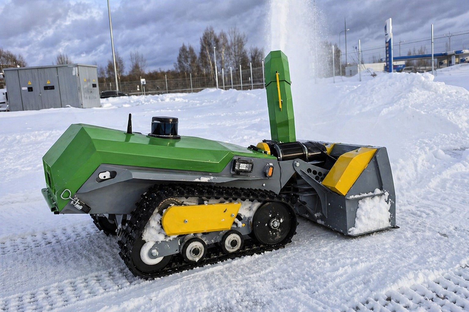 SNOWBOT throwing snow through its discharge chute in the field