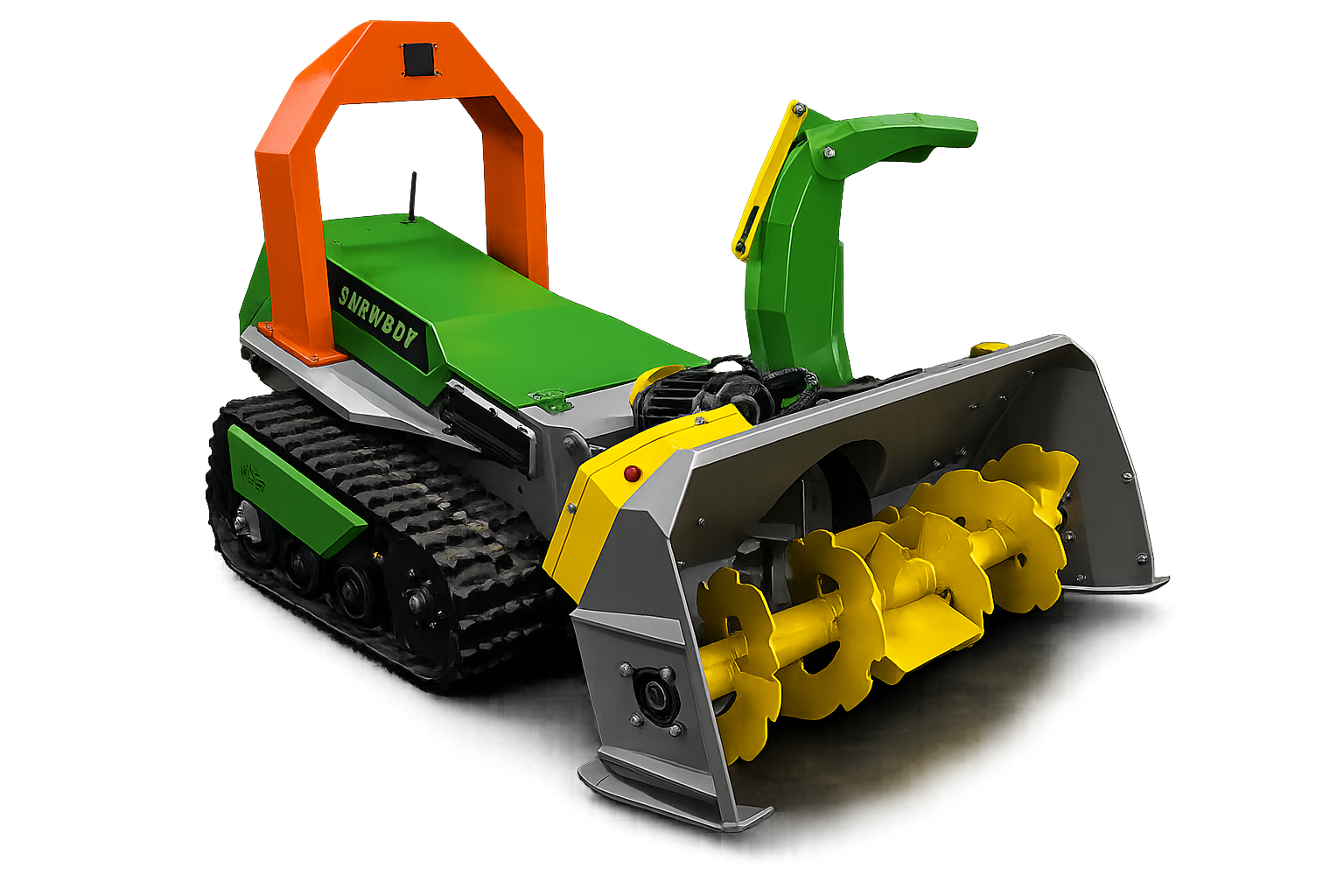 SNOWBOT autonomous snow clearing UGV — tracked all-terrain chassis with auger rotor snow blower and roll cage