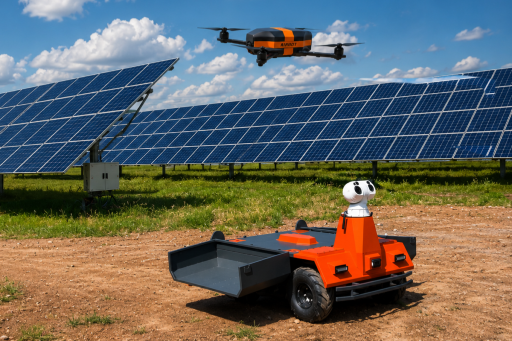 Drone inspecting solar panels at a large-scale solar farm