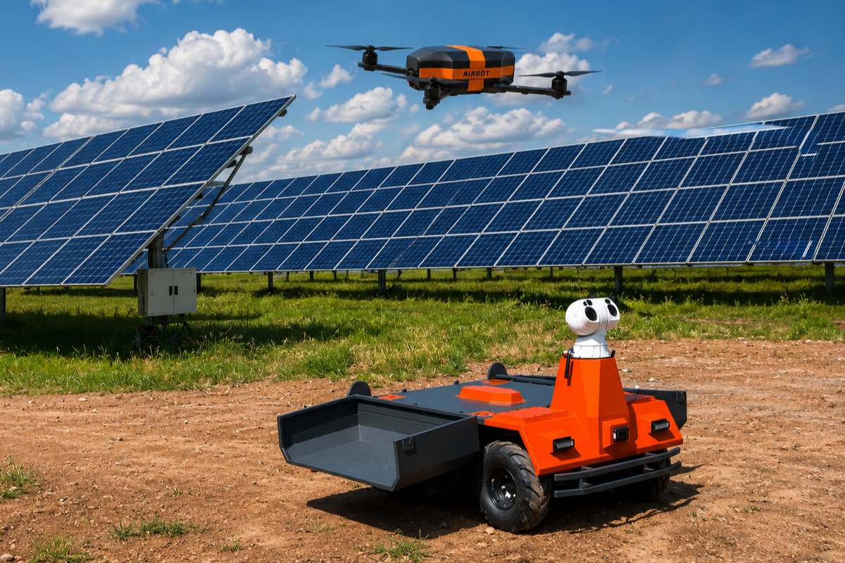 Drone inspecting solar panels at a large-scale solar farm