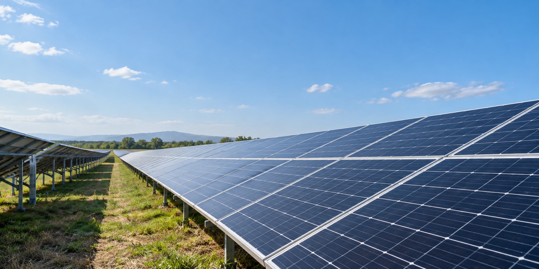 Sunlit Solar Farm Panorama